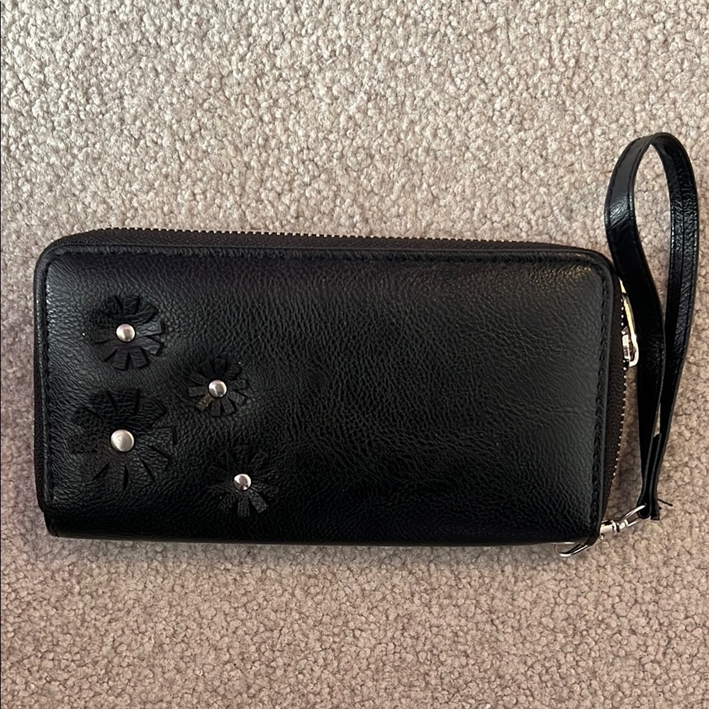 Black Leather Wristlet with Floral Accents